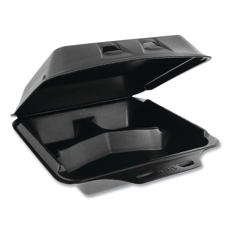 Pactiv SmartLock Foam Hinged Containers, Large, 9 x 9.5 x 3.25, 3-Compartment, Black, 150/Carton