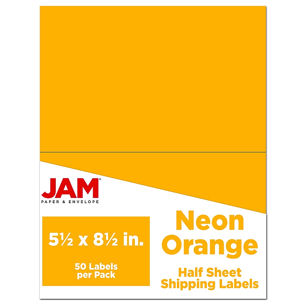JAM Paper Shipping Labels, Half Page, 5 1/2" x 8 1/2", Neon Orange,  2 Labels/Sheet, 25 Sheets/Pack (359429628)