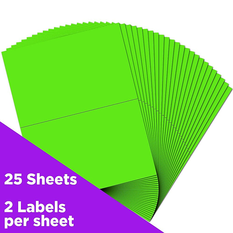 JAM Paper Shipping Labels, Half Page, 5 1/2" x 8 1/2", Neon Green,  2 Labels/Sheet, 25 Sheets/Pack (359429626)