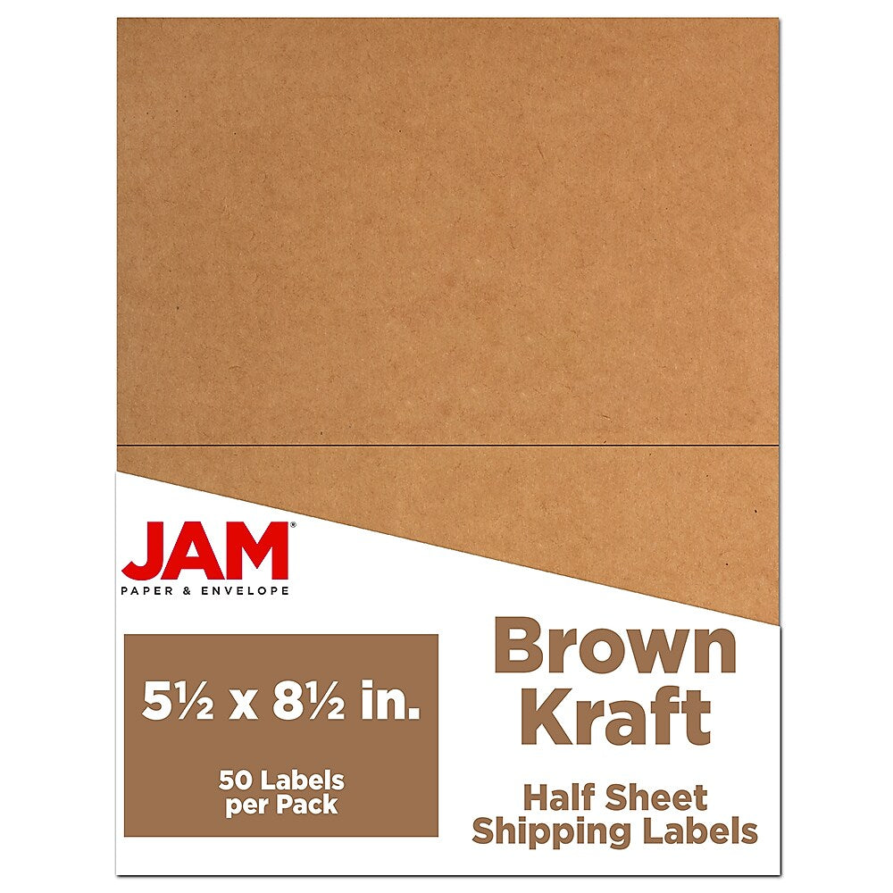 JAM Paper Shipping Labels, Half Page, 5 1/2" x 8 1/2", Brown Kraft, 2 Labels/Sheet, 25 Sheets/Pack (359430338)