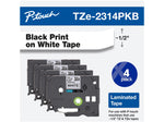 Brother P-touch TZe-231 Laminated Label Maker Tape, 1/2" x 26-2/10', Black on White, 4/Pack (TZe-2314PKB)