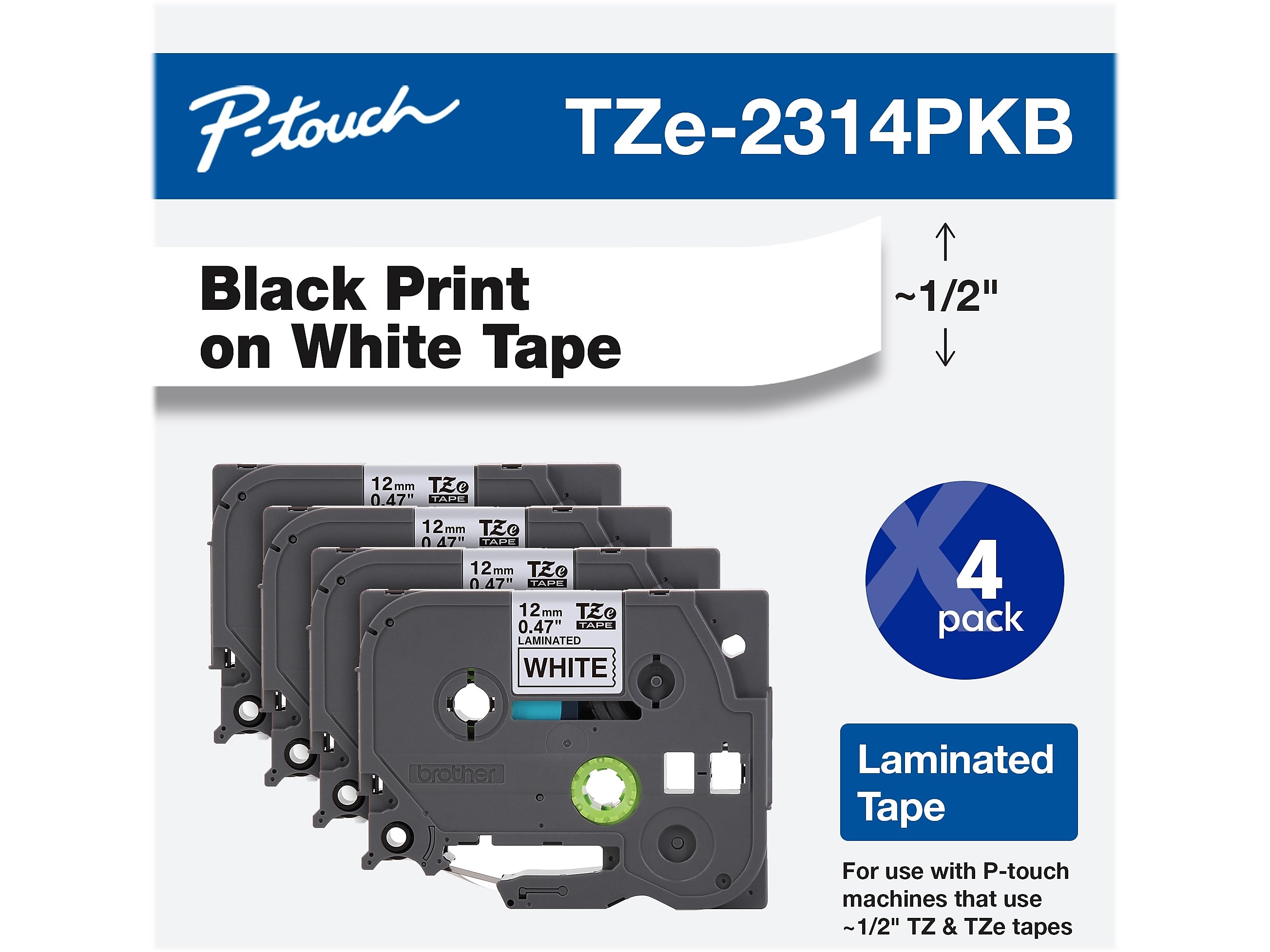 Brother P-touch TZe-231 Laminated Label Maker Tape, 1/2" x 26-2/10', Black on White, 4/Pack (TZe-2314PKB)