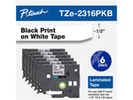 Brother P-touch TZe-231 Laminated Label Maker Tape, 1/2" x 26-2/10', Black on White, 6/Pack (TZe-2316PKB)