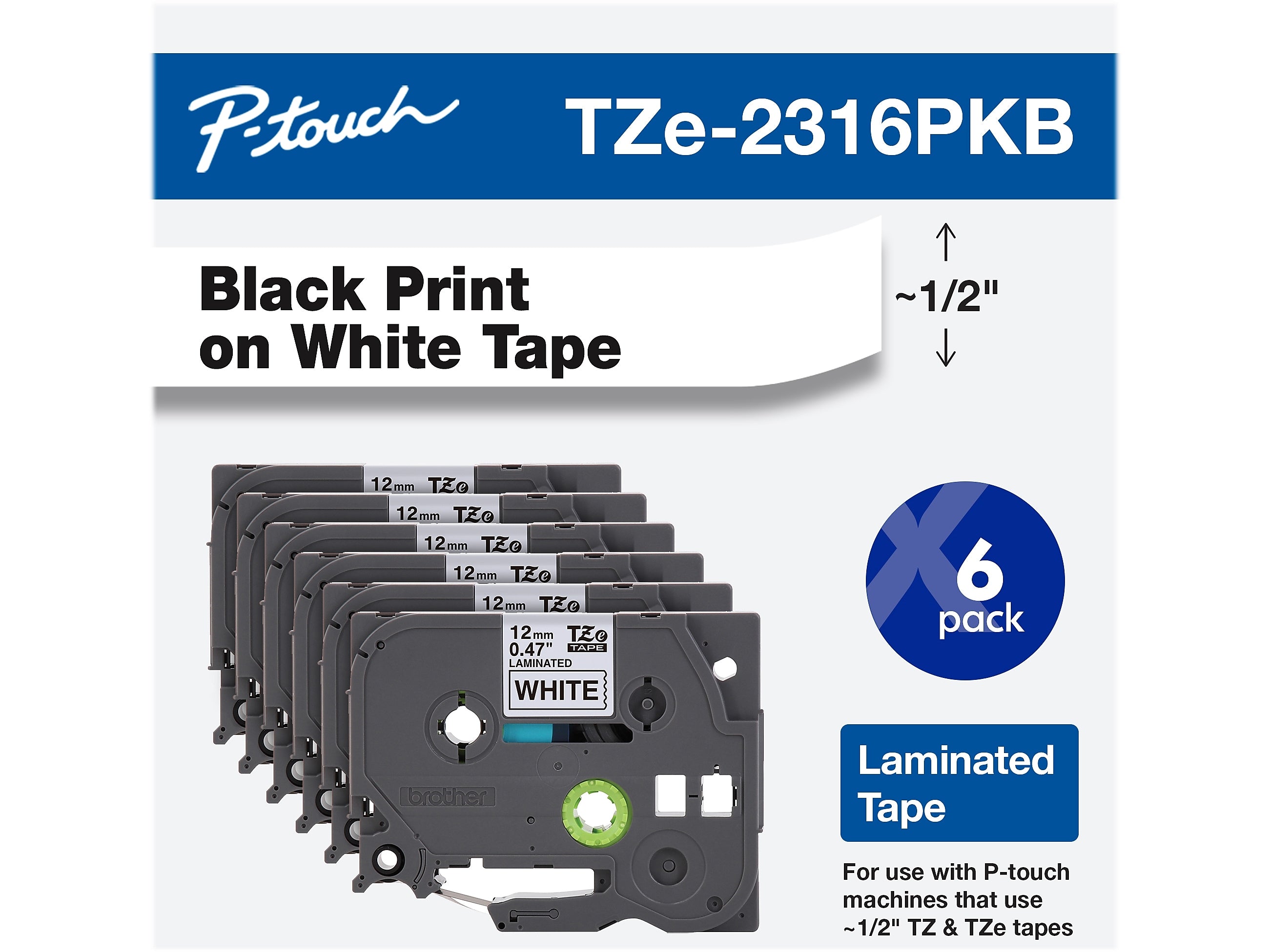 Brother P-touch TZe-231 Laminated Label Maker Tape, 1/2" x 26-2/10', Black on White, 6/Pack (TZe-2316PKB)
