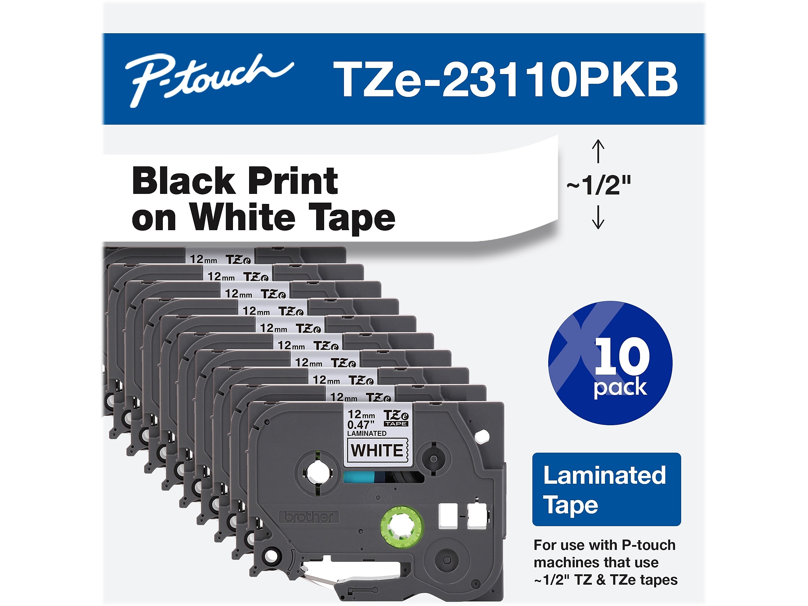 Brother P-touch TZe-231 Laminated Label Maker Tape, 1/2" x 26-2/10', Black on White, 10/Pack (TZe-23110PKB)