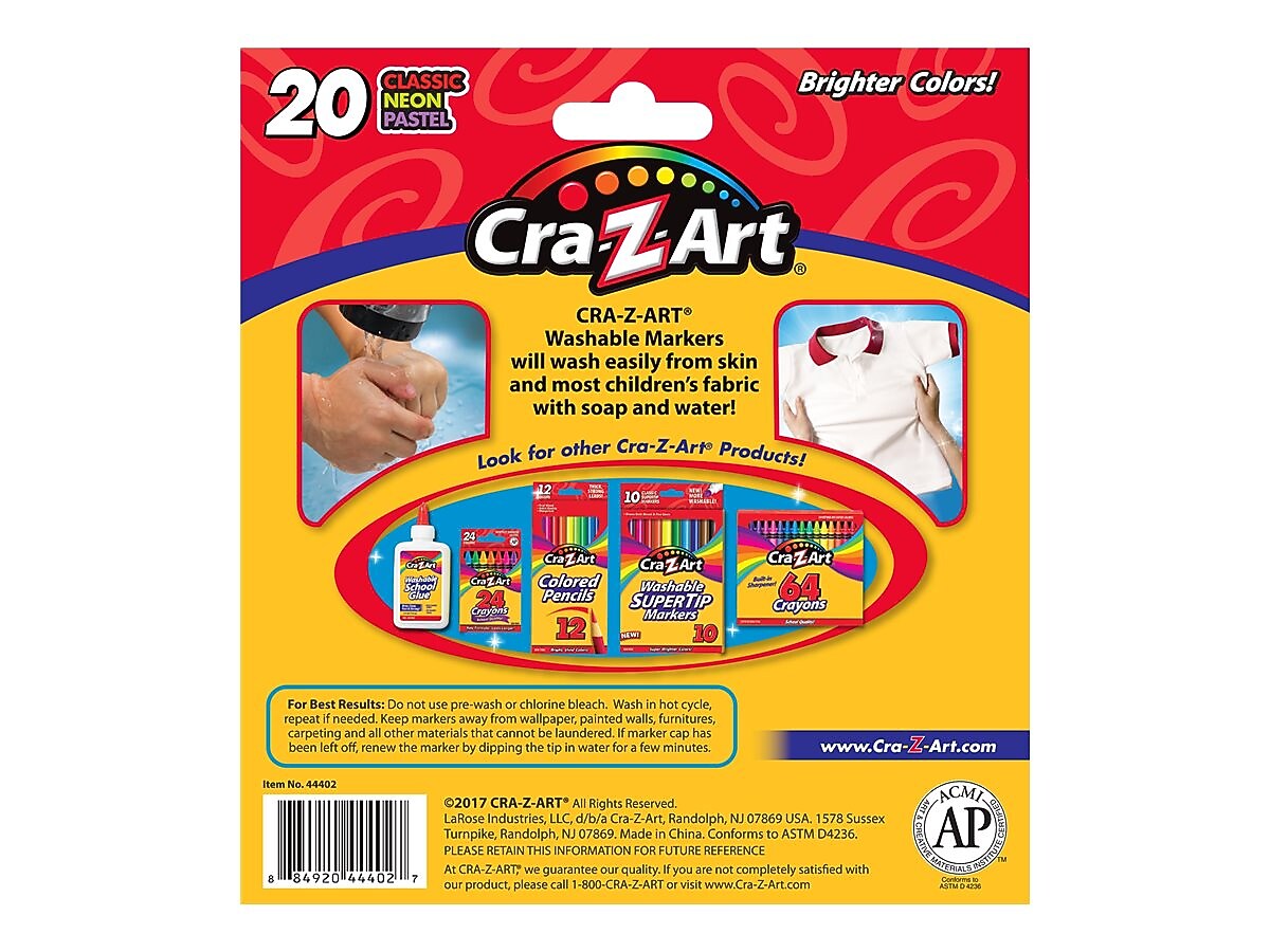 Cra-Z-Art Washable Markers, Broad Point, Assorted Colors, 20/Pack (44402WM-20)