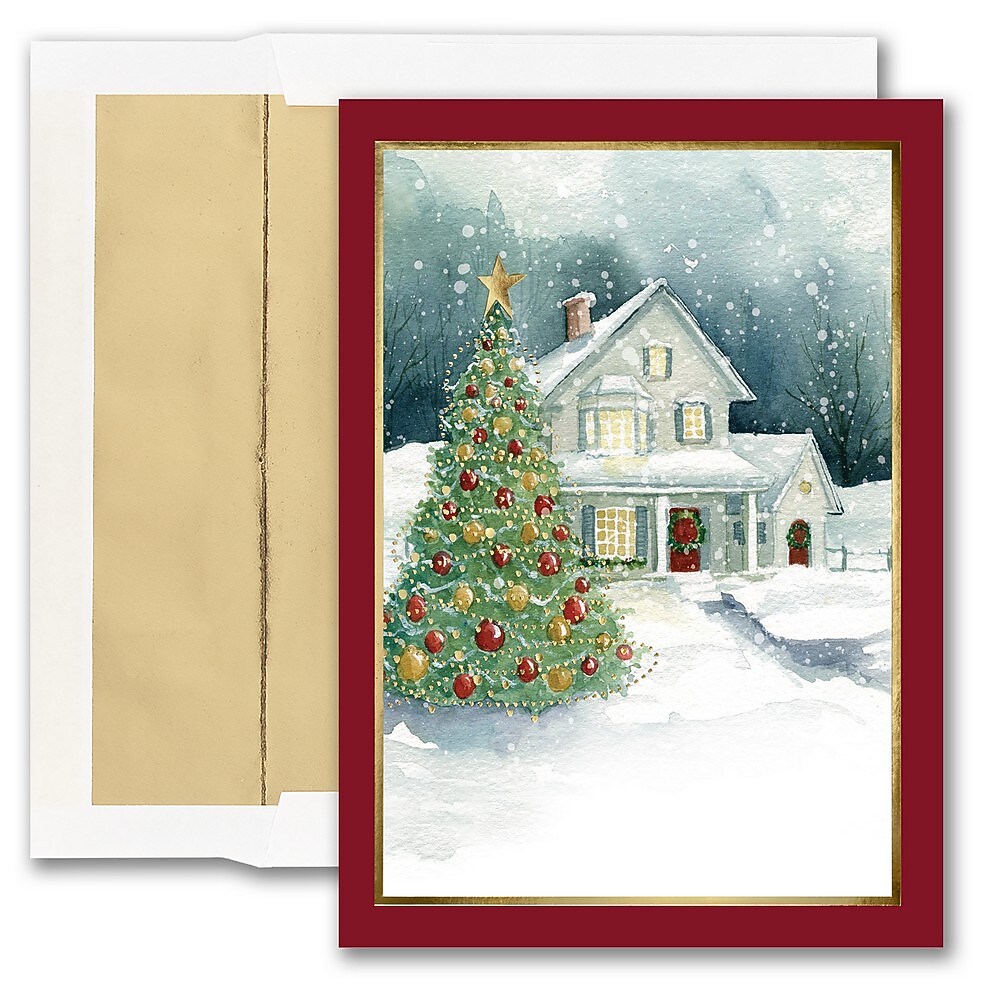 JAM Paper Blank House Scene Christmas Cards and Envelopes, 5.6" x 7.9", 25/Pack (6935187)