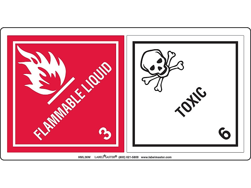 Labelmaster Dual Flammable Liquid/Toxic Identification & Color Coding Labels, 8" x 4.5", Red/White, 500/Roll (HML36W)