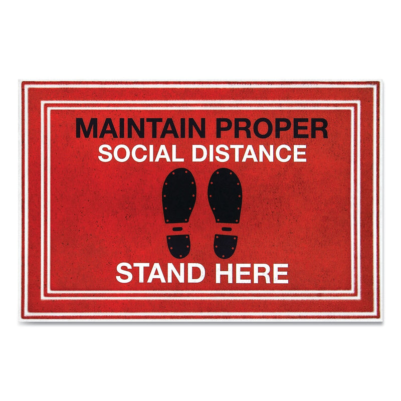Apache Mills® Message Floor Mats, 24 x 36, Red/Black, "Maintain Social Distance Stand Here"