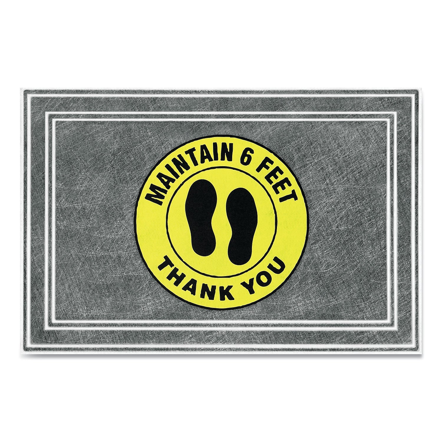 Apache Mills® Message Floor Mats, 24 x 36, Charcoal/Yellow, "Maintain 6 Feet Thank You"