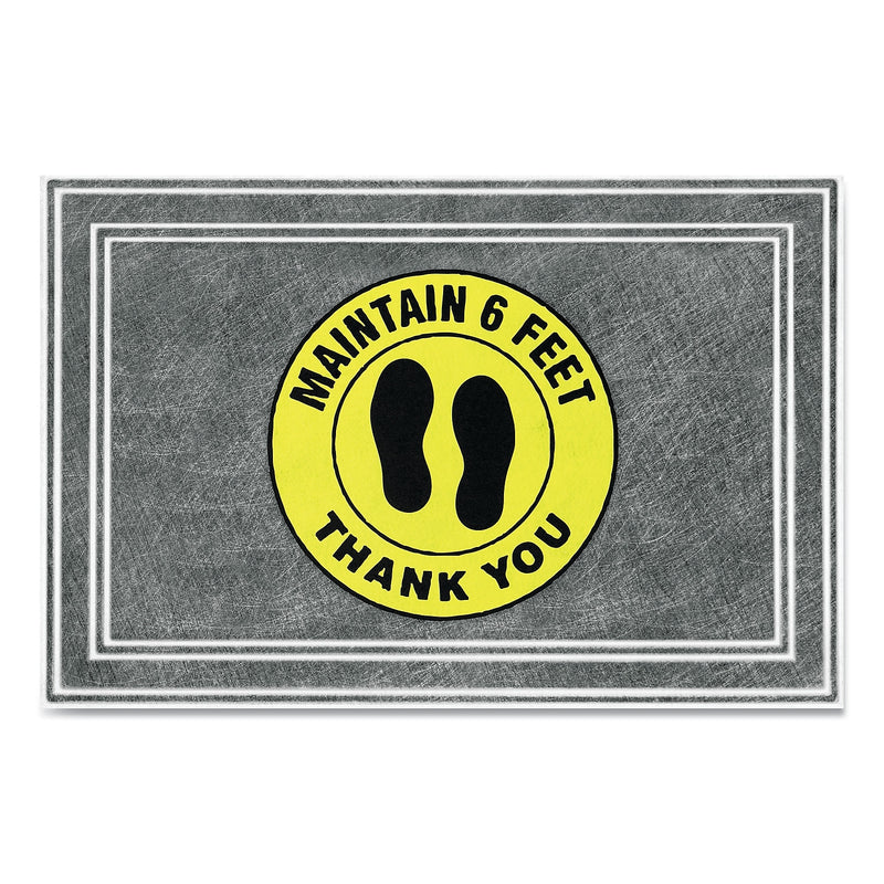 Apache Mills® Message Floor Mats, 24 x 36, Charcoal/Yellow, "Maintain 6 Feet Thank You"