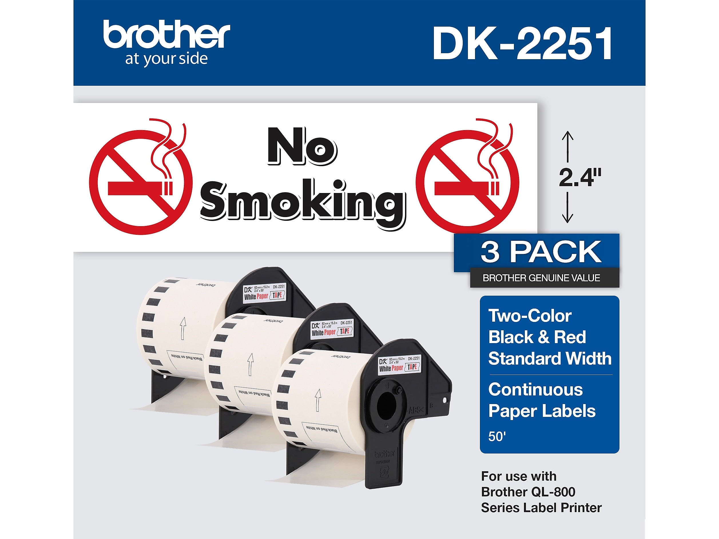 Brother DK-2251 Standard Width Continuous Paper Labels, 2-4/10" x 50', Black/Red on White, 3 Rolls/Box (DK-22513PK)