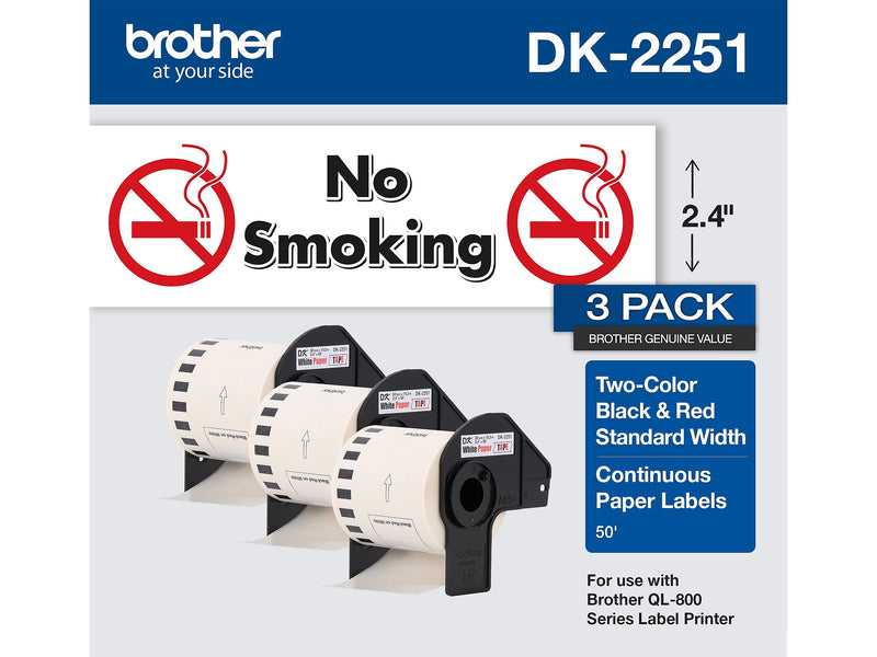 Brother DK-2251 Standard Width Continuous Paper Labels, 2-4/10" x 50', Black/Red on White, 3 Rolls/Box (DK-22513PK)