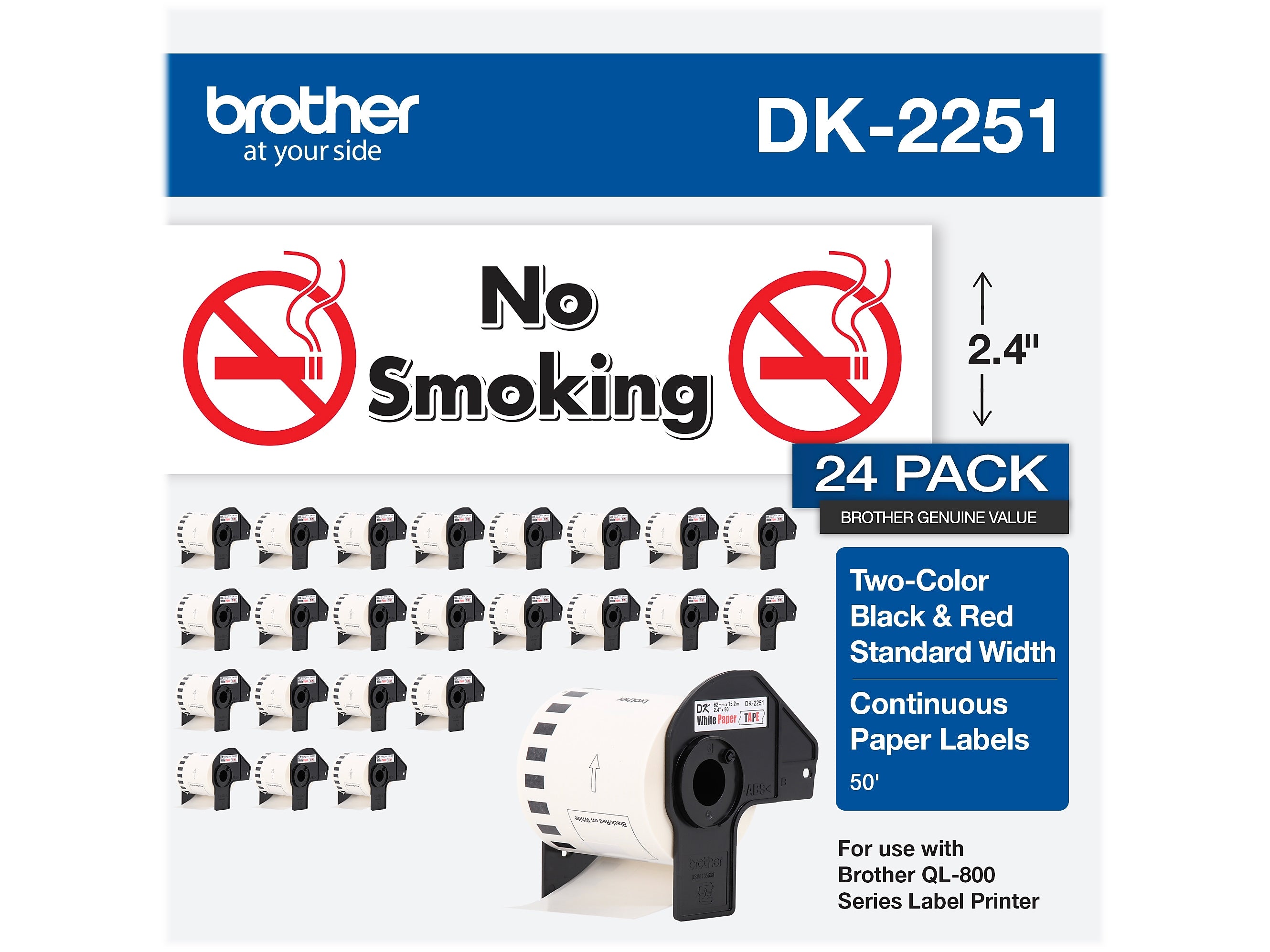 Brother DK-2251 Standard Width Continuous Paper Labels, 2-4/10" x 50', Black/Red on White, 24 Rolls/Box (DK-225124PK)