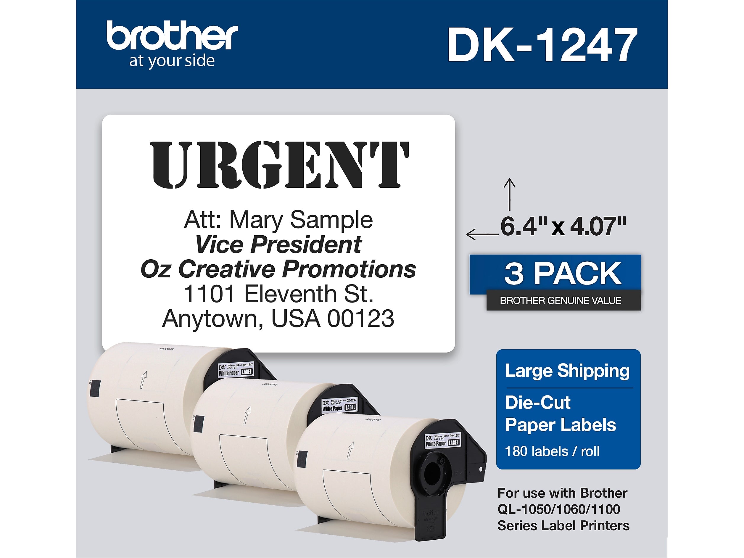 Brother DK-1247 Large Shipping Paper Labels, 6-4/10" x 4-7/100", Black on White, 180 Labels/Roll, 3 Rolls/Box (DK-12473PK)