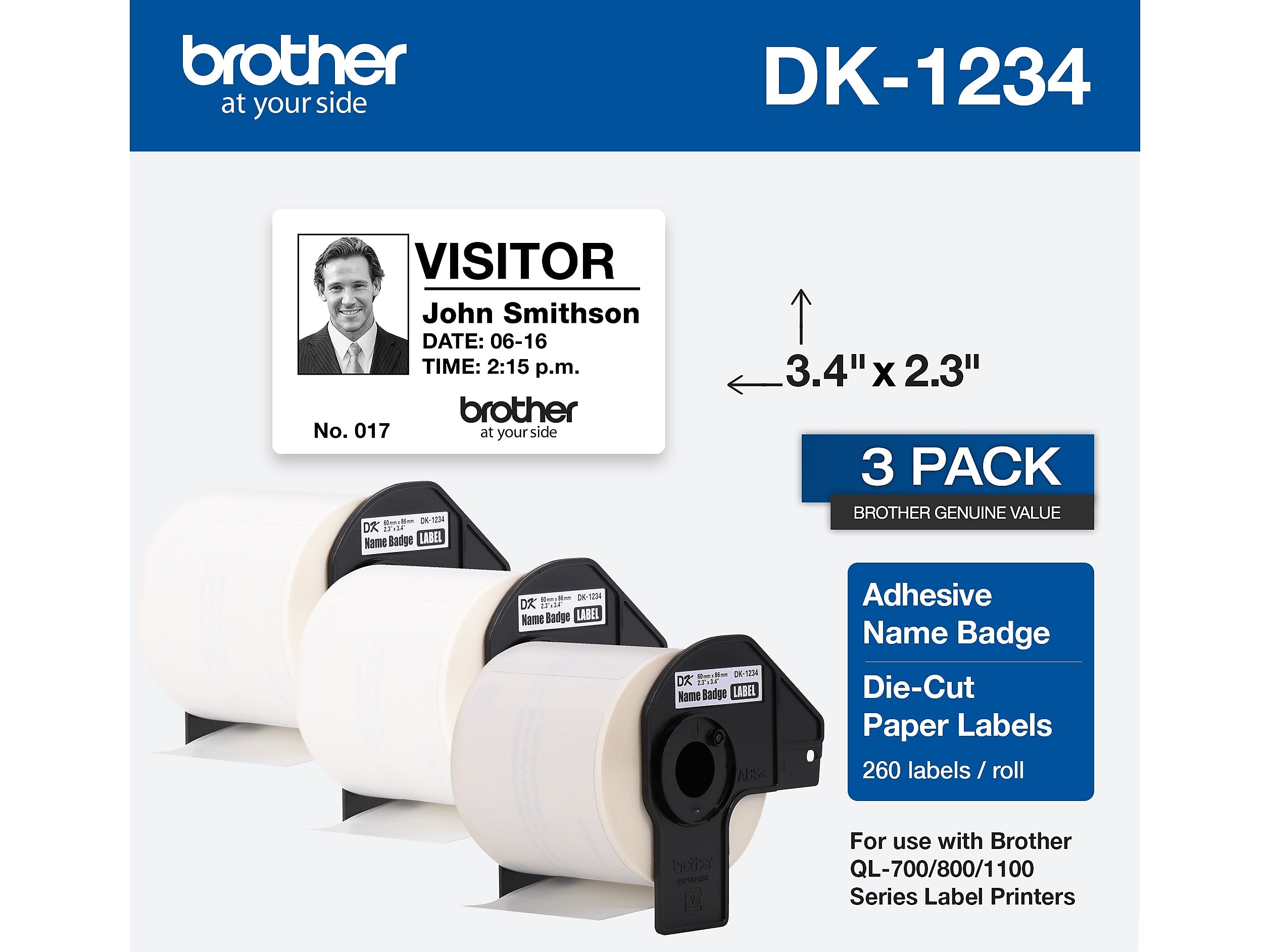 Brother DK-1234 Adhesive Name Badge Paper Labels, 3-4/10" x 2-3/10", Black on White, 260 Labels/Roll, 3 Rolls/Box (DK-12343PK)