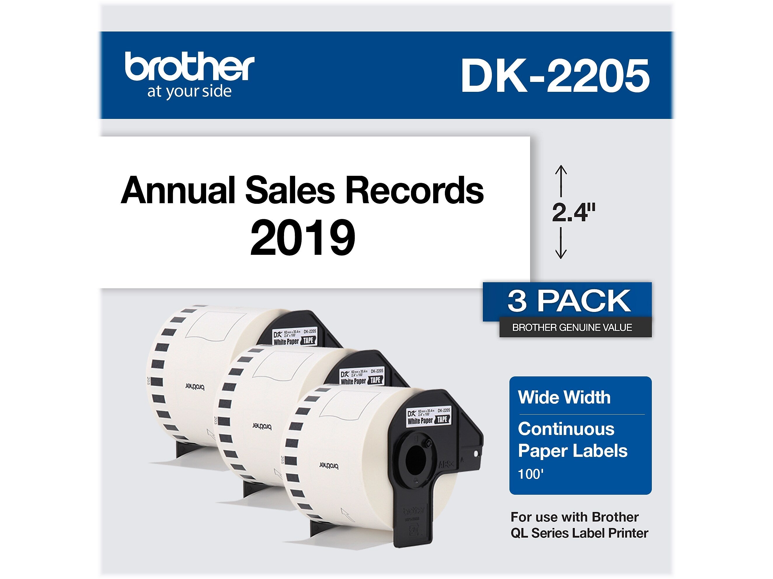 Brother DK-2205 Wide Width Continuous Paper Labels, 2-4/10" x 100', Black on White, 3 Rolls/Box (DK-22053PK)