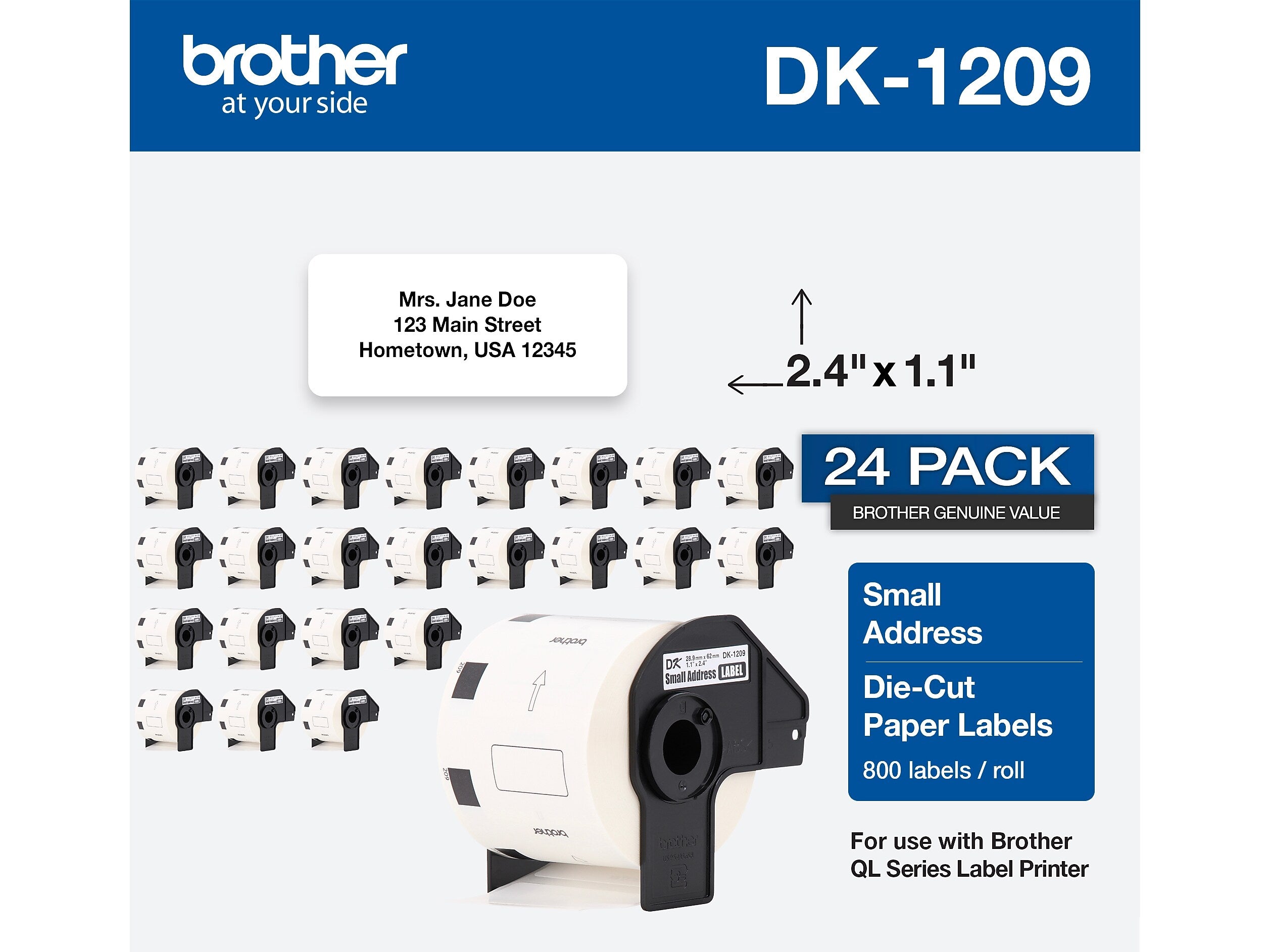 Brother DK-1209 Small Address Paper Labels, 2-4/10" x 1-1/10", Black on White, 800 Labels/Roll, 24 Rolls/Pack (DK-120924PK)